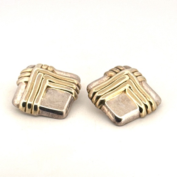 Vintage 925 Sterling Silver very large Puffy Square 2 tone clip on Earrings - Picture 4 of 10